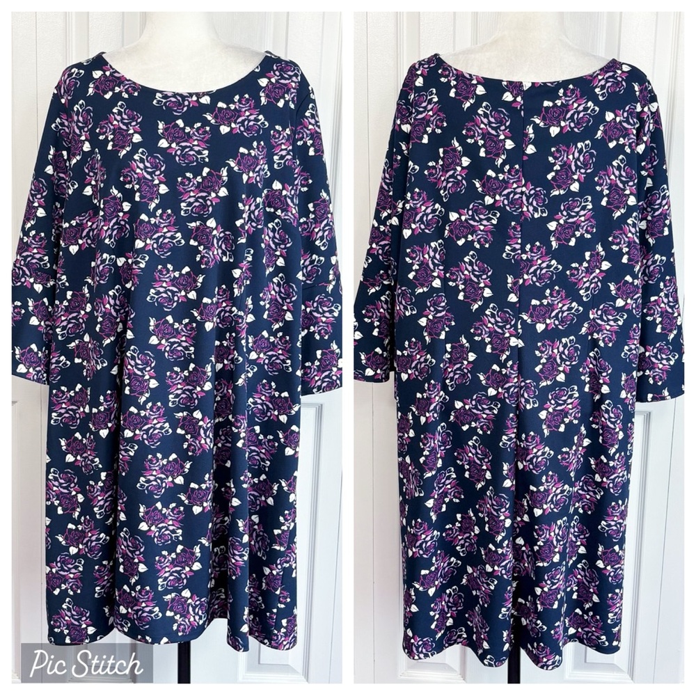 Lane Bryant Navy & Purple Floral Flare 3/4 Sleeve Shift Dress 22/24